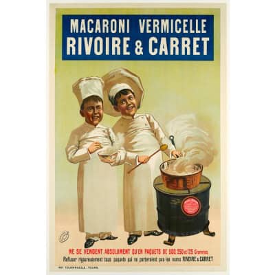 Affiche Originale, Art Nouveau, Macaroni et Vermicelle, Rivoire et Carret, Pâtes, Spaghetti, Cuisine, Alimentation, Nourriture, Restaurant, Chef, Marmite, Casserole, Poêle, Lyon c.1900 3