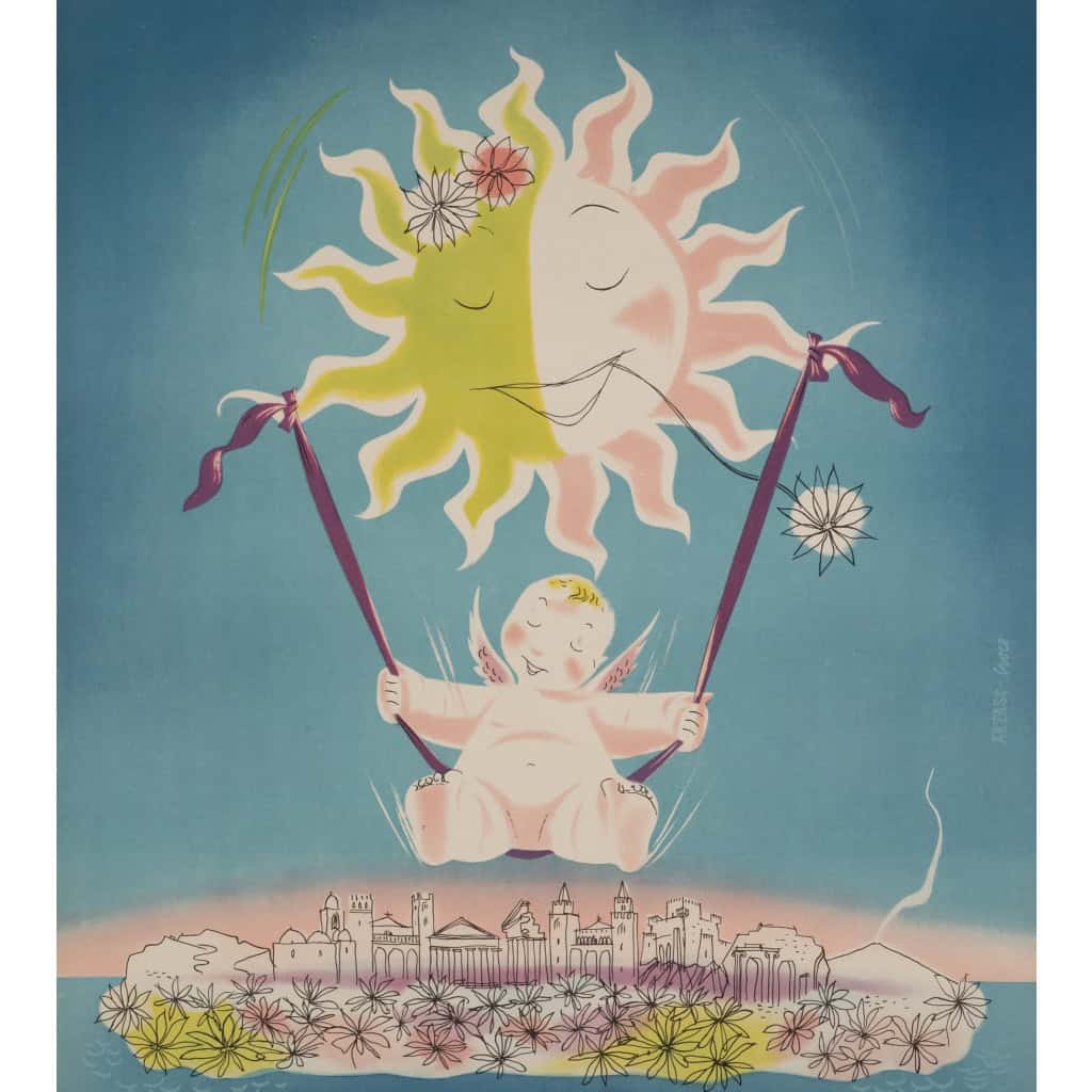 Affiche Tourisme Originale, Artass Croce, Sicilia, Primavera, Voyage, Sicile, Palerme, Italie, Île, Côte Ionienne, Méditerranée, Printemps, Soleil, Bébé, 1952 4