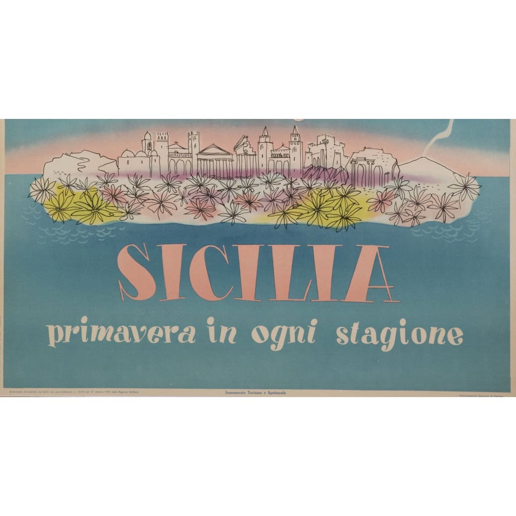 Affiche Tourisme Originale, Artass Croce, Sicilia, Primavera, Voyage, Sicile, Palerme, Italie, Île, Côte Ionienne, Méditerranée, Printemps, Soleil, Bébé, 1952 5