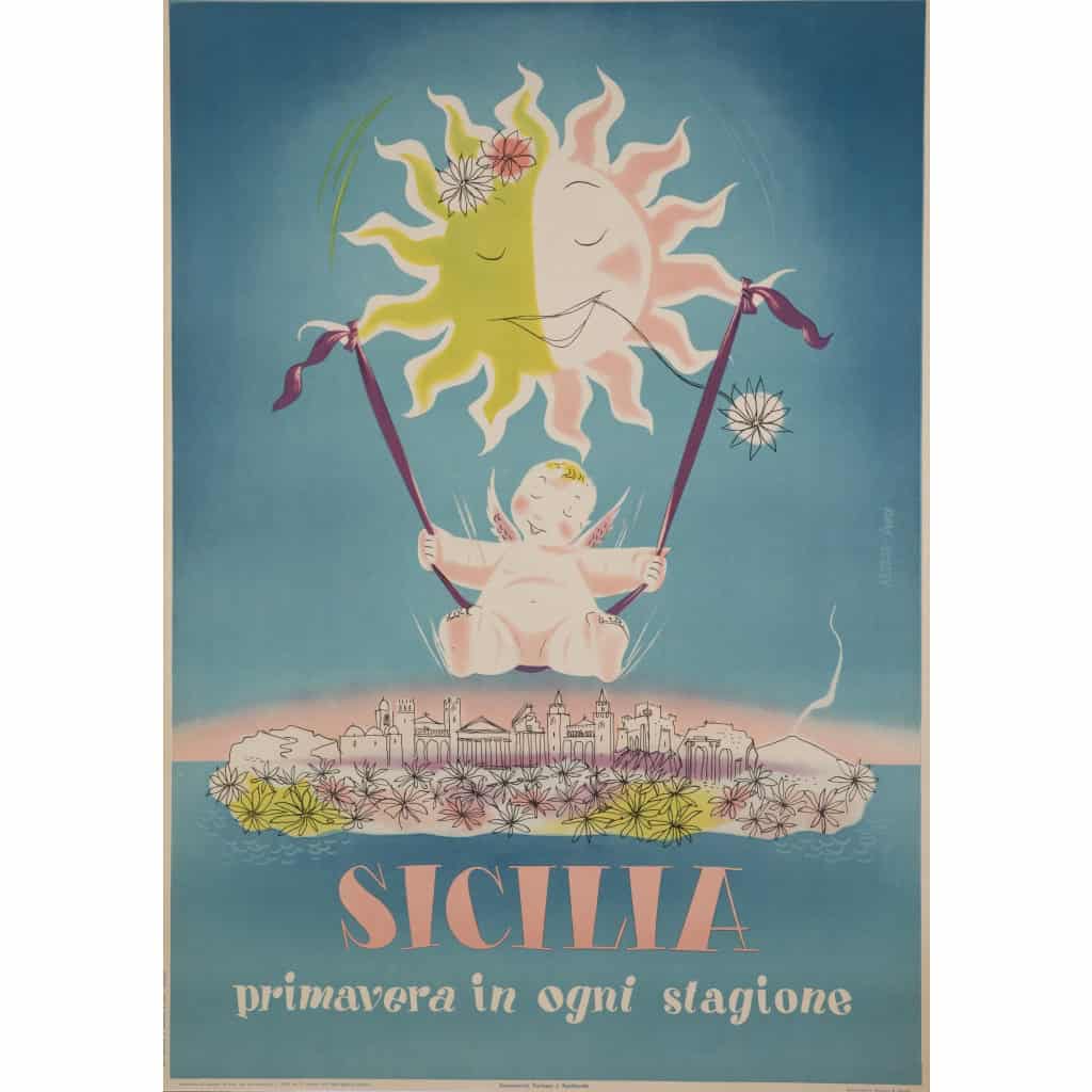 Affiche Tourisme Originale, Artass Croce, Sicilia, Primavera, Voyage, Sicile, Palerme, Italie, Île, Côte Ionienne, Méditerranée, Printemps, Soleil, Bébé, 1952 3