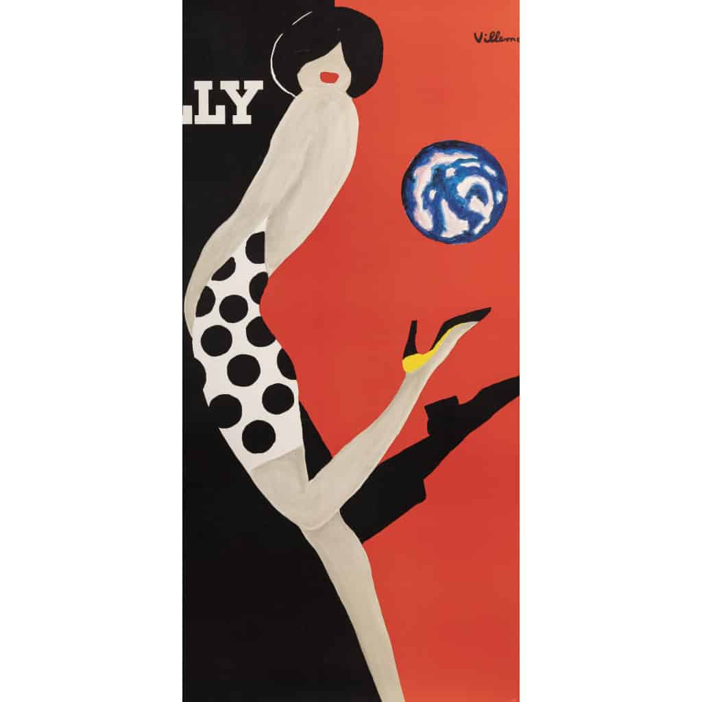 Affiche Originale, Bernard Villemot, Bally, Femme, Mode, Chaussures, Talons, Souliers, Globe, Robe, Pois, 1980 4