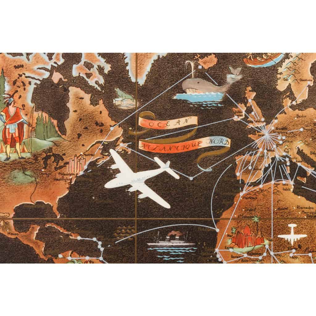 Affiche Air France Originale, Lucien Boucher, Voyage, Transport, Aviation, Avion, Vol, Planisphère, Carte du Monde, Réseau Aérien Mondial, Globe, 1948 5