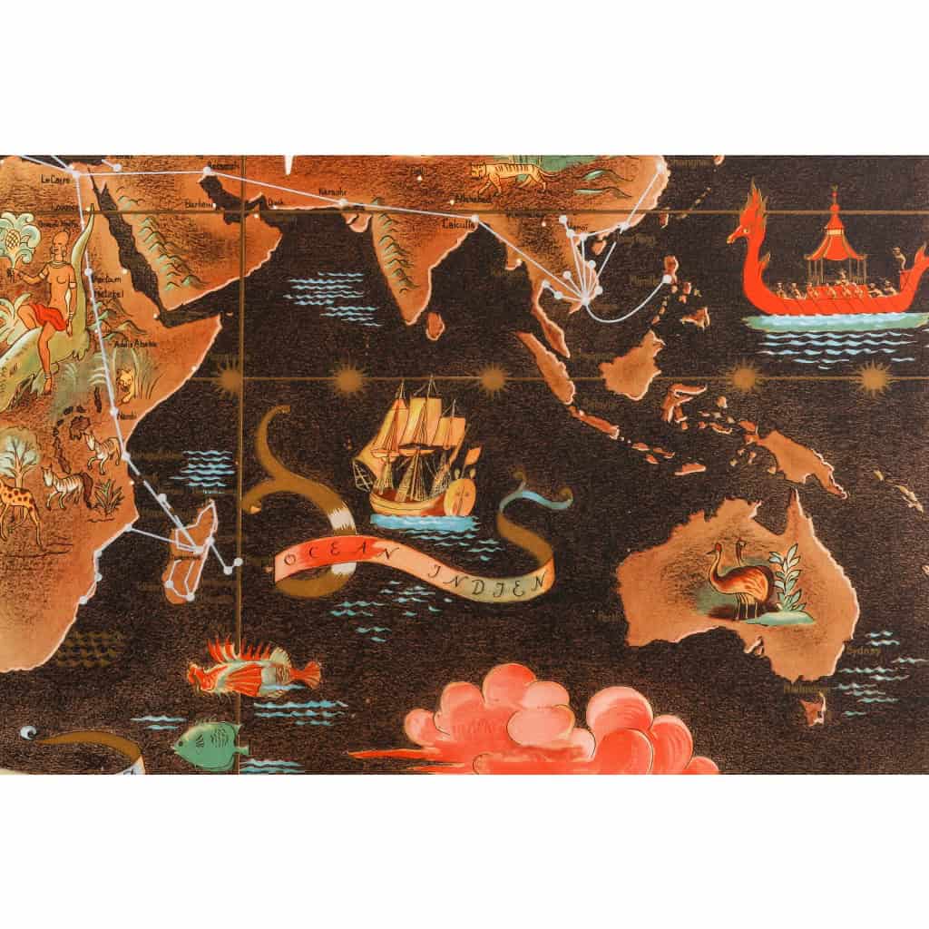 Affiche Air France Originale, Lucien Boucher, Voyage, Transport, Aviation, Avion, Vol, Planisphère, Carte du Monde, Réseau Aérien Mondial, Globe, 1948 7