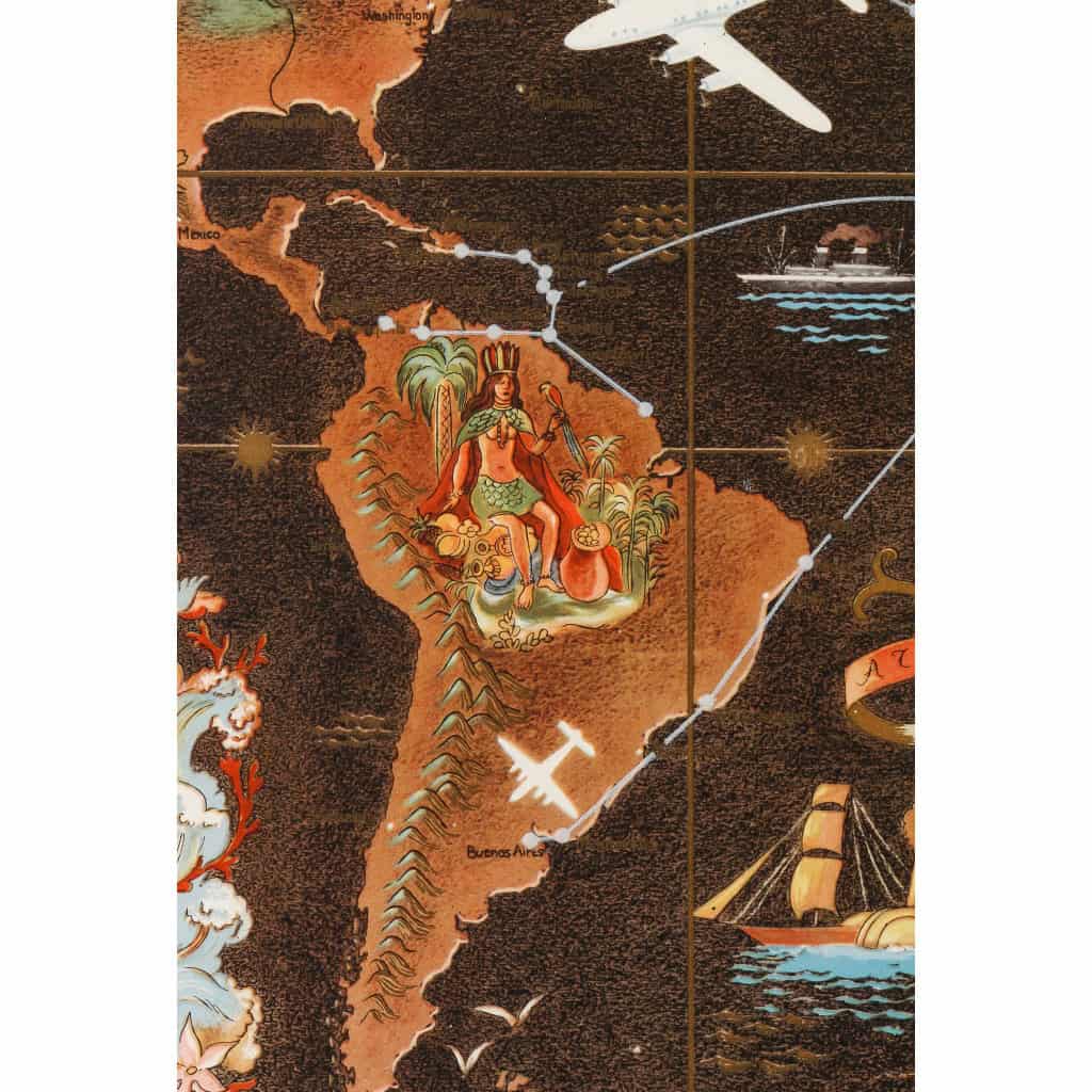 Affiche Air France Originale, Lucien Boucher, Voyage, Transport, Aviation, Avion, Vol, Planisphère, Carte du Monde, Réseau Aérien Mondial, Globe, 1948 9