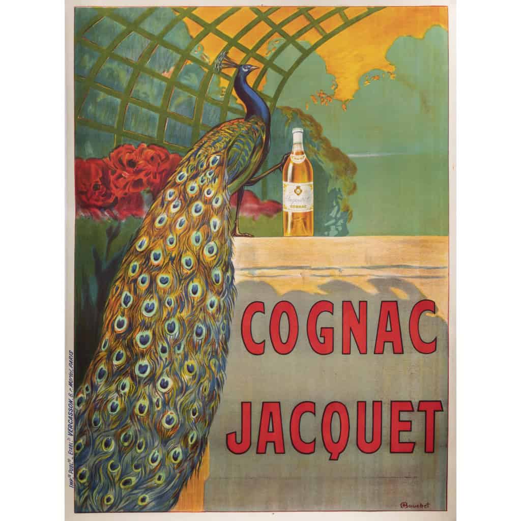 Affiche Originale, Camille Bouchet, Cognac Jacquet, Alcool, Liqueur, Spiritueux, Eau de Vie, Vin, Distillerie, Boisson, Bouteille, Paon, Jardin, Roses, c.1915 3