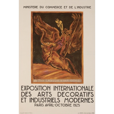 Affiche Originale, Art Déco, Antoine Bourdelle, Exposition Internationale des Arts Décoratifs et Industriels Modernes, Ministère du Commerce et de l’Industrie, Travaux d’Hercules, Taureau Crétois, Labeur, Génie, 1925