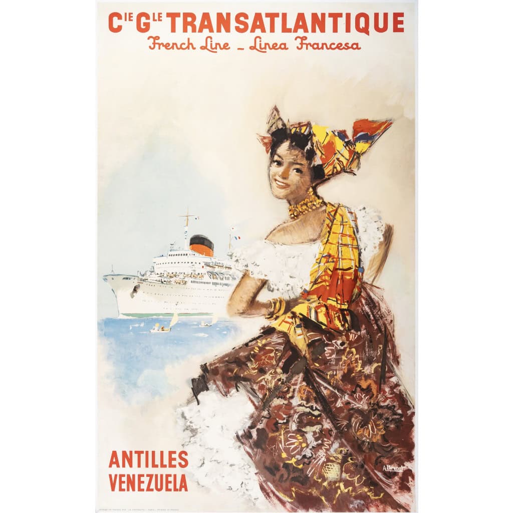 Affiche Toursime Originale, Albert Brenet, Compagnie Générale Transatlantique, Transport, Voyage, Croisière, Amérique Centrale, Vénézuela, Antilles, Navire, Bateau, c.1950 3