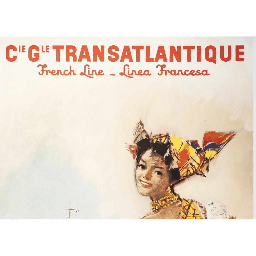 Affiche Toursime Originale, Albert Brenet, Compagnie Générale Transatlantique, Transport, Voyage, Croisière, Amérique Centrale, Vénézuela, Antilles, Navire, Bateau, c.1950 5