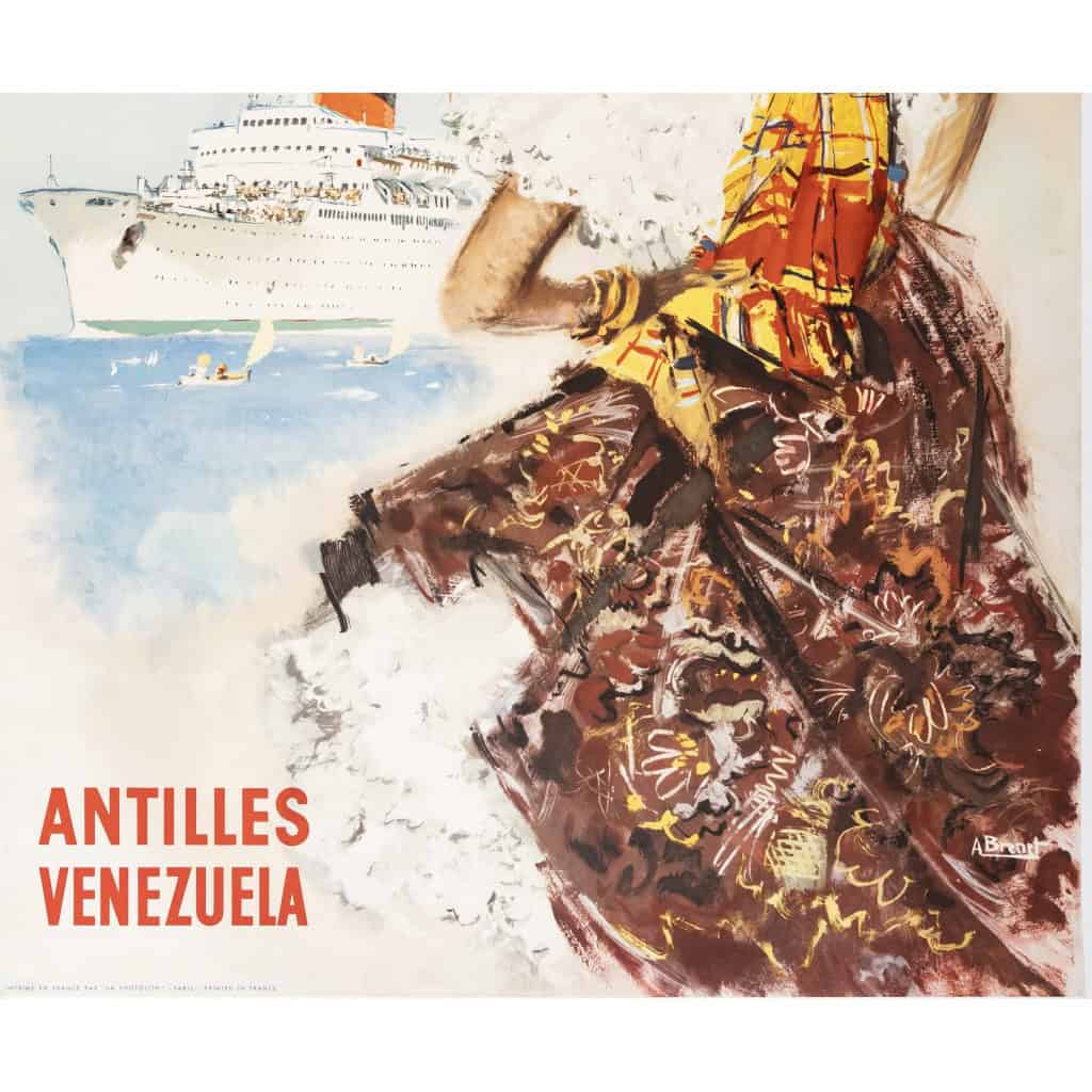 Affiche Toursime Originale, Albert Brenet, Compagnie Générale Transatlantique, Transport, Voyage, Croisière, Amérique Centrale, Vénézuela, Antilles, Navire, Bateau, c.1950 6