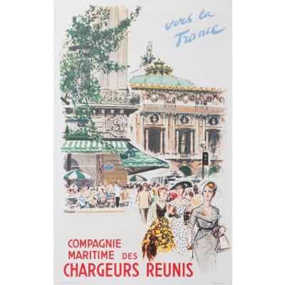 Affiche Tourisme Originale, Albert Brenet, Compagnie Maritime des Chargeurs Réunis, Transport, Voyage, Croisière, Navire, Bateau, Paquebot, Café de la Paix, Opéra, Paris, France, c.1950