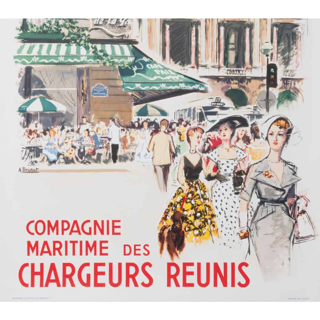 Affiche Tourisme Originale, Albert Brenet, Compagnie Maritime des Chargeurs Réunis, Transport, Voyage, Croisière, Navire, Bateau, Paquebot, Café de la Paix, Opéra, Paris, France, c.1950 4