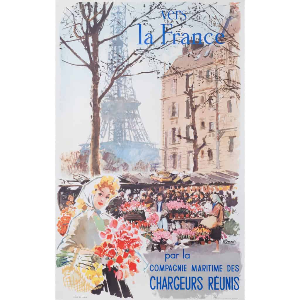 Affiche Tourisme Originale, Albert Brenet, Compagnie Maritime des Chargeurs Réunis, Transport, Voyage, Croisière, Navire, Bateau, Paquebot, France, Paris, Tour Eiffel, c.1950 3