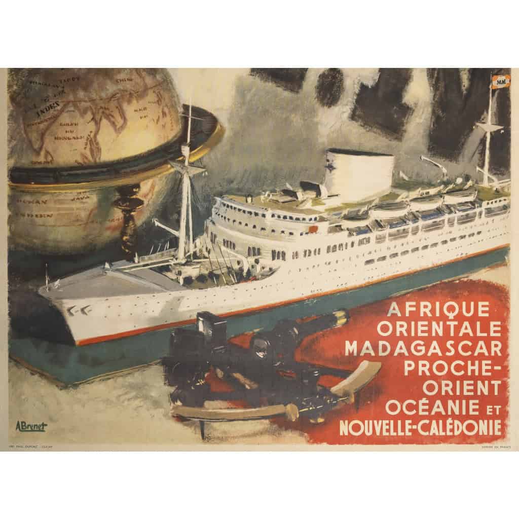 Affiche Tourisme Originale, Albert Brenet, Messageries Maritimes, Transport, Voyage, Croisière, Inde, Indochine, Extrême-Orient, Afrique de l’Est, Madagascar, Proche-Orient, Océanie, Nouvelle-Calédonie, Navire, Bateau, Paquebot, Globe, c.1950 6