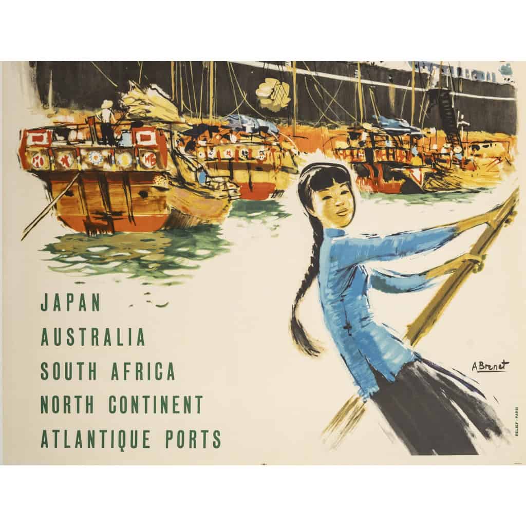 Affiche Tourisme Originale, Albert Brenet, Messageries Maritimes, Transport, Voyage, Croisière, Japon, Australie, Afrique du Sud, Europe du Nord, Atlantique, Navire, Bateau, Paquebot, 1954 6