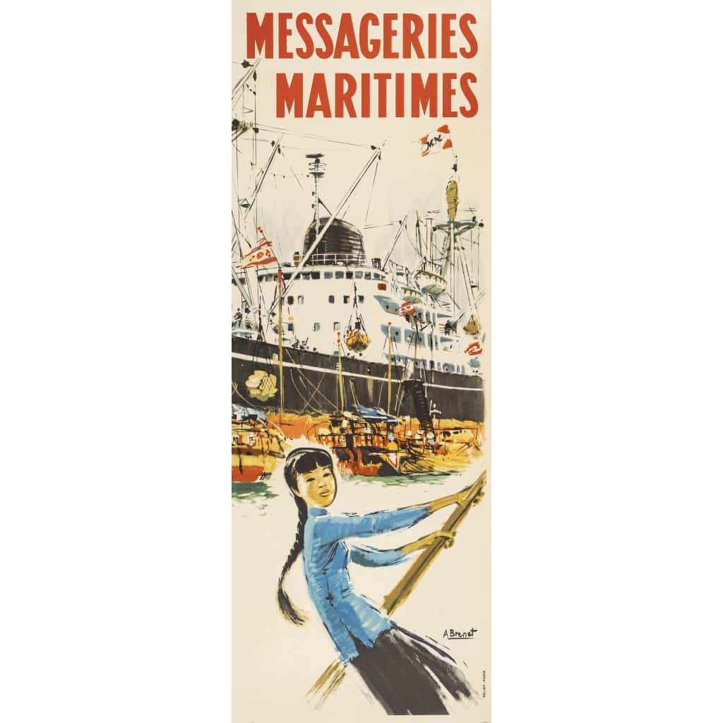 Affiche Tourisme Originale, Albert Brenet, Messageries Maritimes, Transport, Voyage, Croisière, Japon, Australie, Afrique du Sud, Europe du Nord, Atlantique, Navire, Bateau, Paquebot, 1954 7