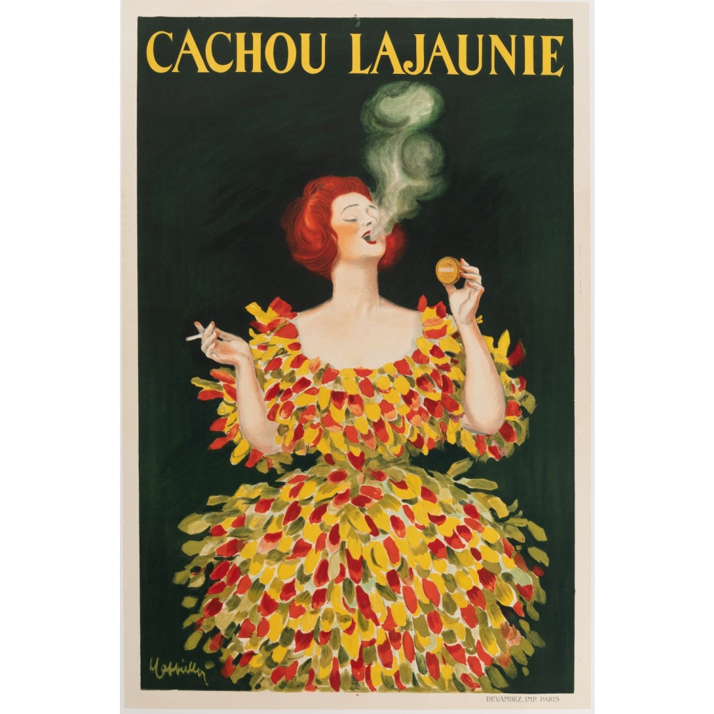 Affiche Originale, Leonetto Cappiello, Cachou Lajaunie, Confiserie, Pastille, Bonbon, Réglisse, Menthe, Hygiène, Haleine, Fumeur, Femme, Robe, Plumes, Boîte, Cigarette, Fumée, 1920 3