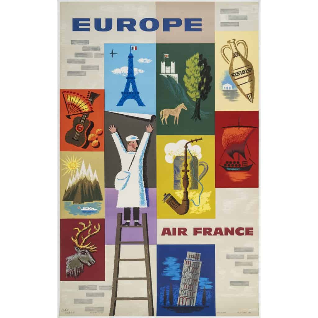 Affiche Air France Originale, Jean Carlu, Europe, Tourisme, Voyage, Transport, Aviation, Avion, Vol, Tour Eiffel, Tour de Pise, Lac Léman, 1957 3