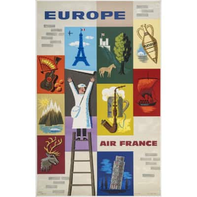 Affiche Air France Originale, Jean Carlu, Europe, Tourisme, Voyage, Transport, Aviation, Avion, Vol, Tour Eiffel, Tour de Pise, Lac Léman, 1957