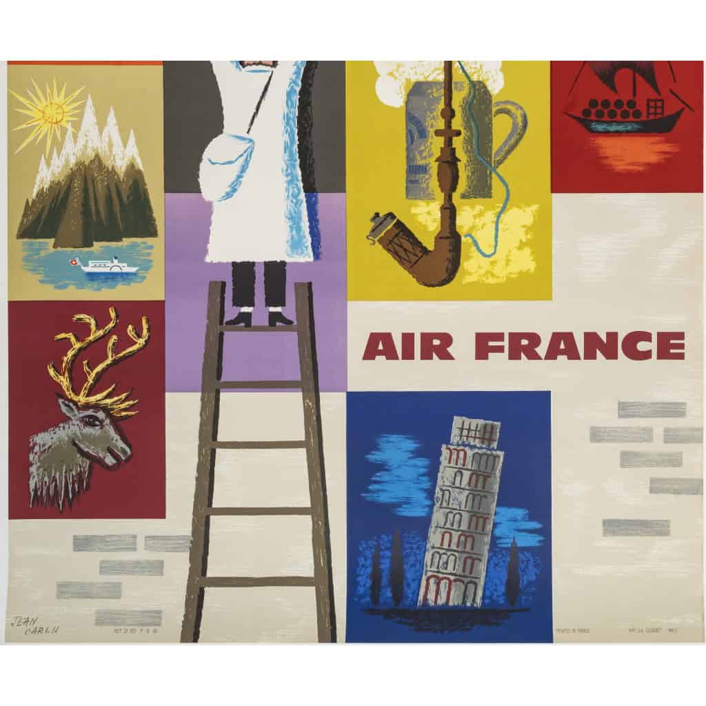 Affiche Air France Originale, Jean Carlu, Europe, Tourisme, Voyage, Transport, Aviation, Avion, Vol, Tour Eiffel, Tour de Pise, Lac Léman, 1957 5