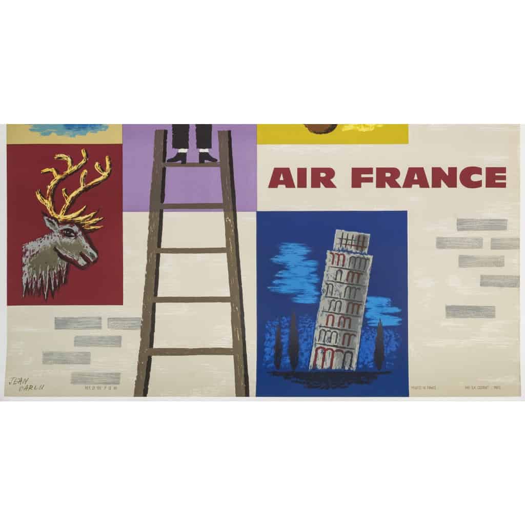 Affiche Air France Originale, Jean Carlu, Europe, Tourisme, Voyage, Transport, Aviation, Avion, Vol, Tour Eiffel, Tour de Pise, Lac Léman, 1957 6