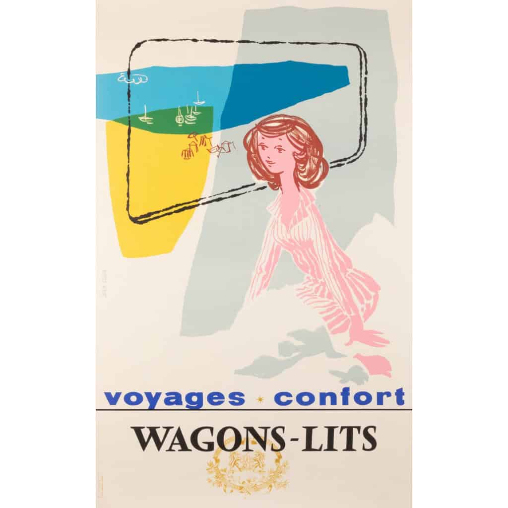 Affiche Tourisme Originale, Jean Colin, Wagons-Lits, Chemins de Fer, Transport, Voyage, Confort, Trains, Cabine, Plage, Voiliers, c.1955 3