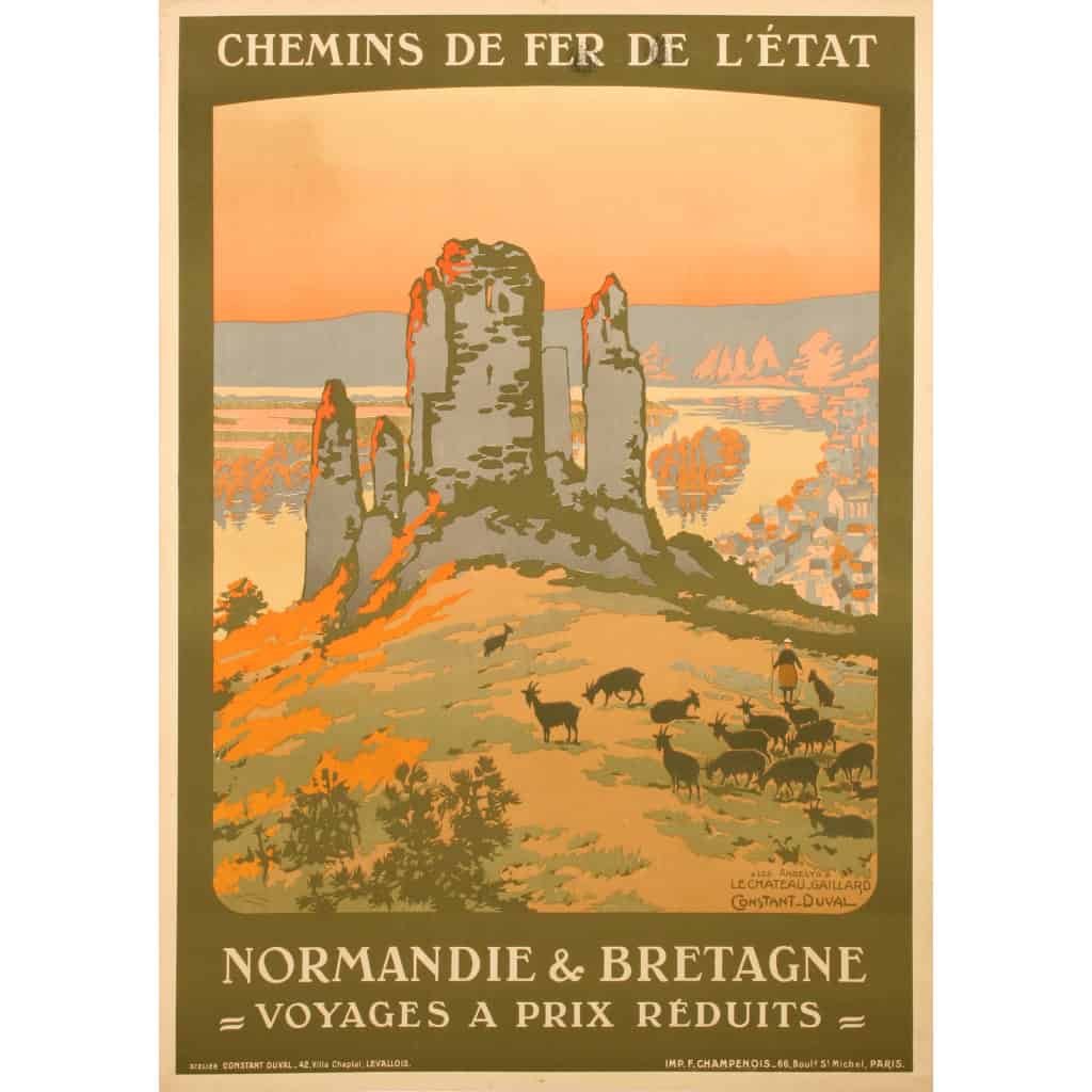 Affiche Tourisme Originale, Constant Duval, Chemins de Fer, Transport, Voyage, Normandie, Bretagne, Les Andelys, Château Gaillard, Forteresse Médiévale, Trains, c.1920 3