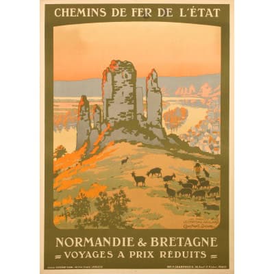 Affiche Tourisme Originale, Constant Duval, Chemins de Fer, Transport, Voyage, Normandie, Bretagne, Les Andelys, Château Gaillard, Forteresse Médiévale, Trains, c.1920