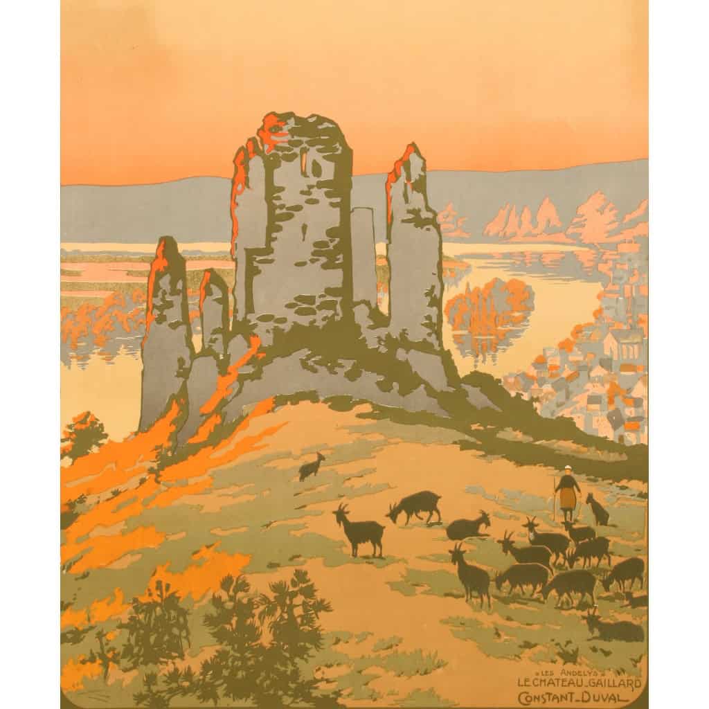 Affiche Tourisme Originale, Constant Duval, Chemins de Fer, Transport, Voyage, Normandie, Bretagne, Les Andelys, Château Gaillard, Forteresse Médiévale, Trains, c.1920 4