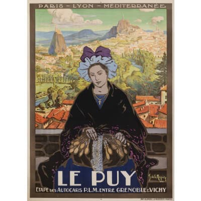 Affiche Tourisme Originale, Joseph de La Nézière, Le Puy, PLM, Chemins de Fer, Trains, Autocars, Transport, Voyage, Puy-en-Velay, St Michel d’Aiguilhe, 1925