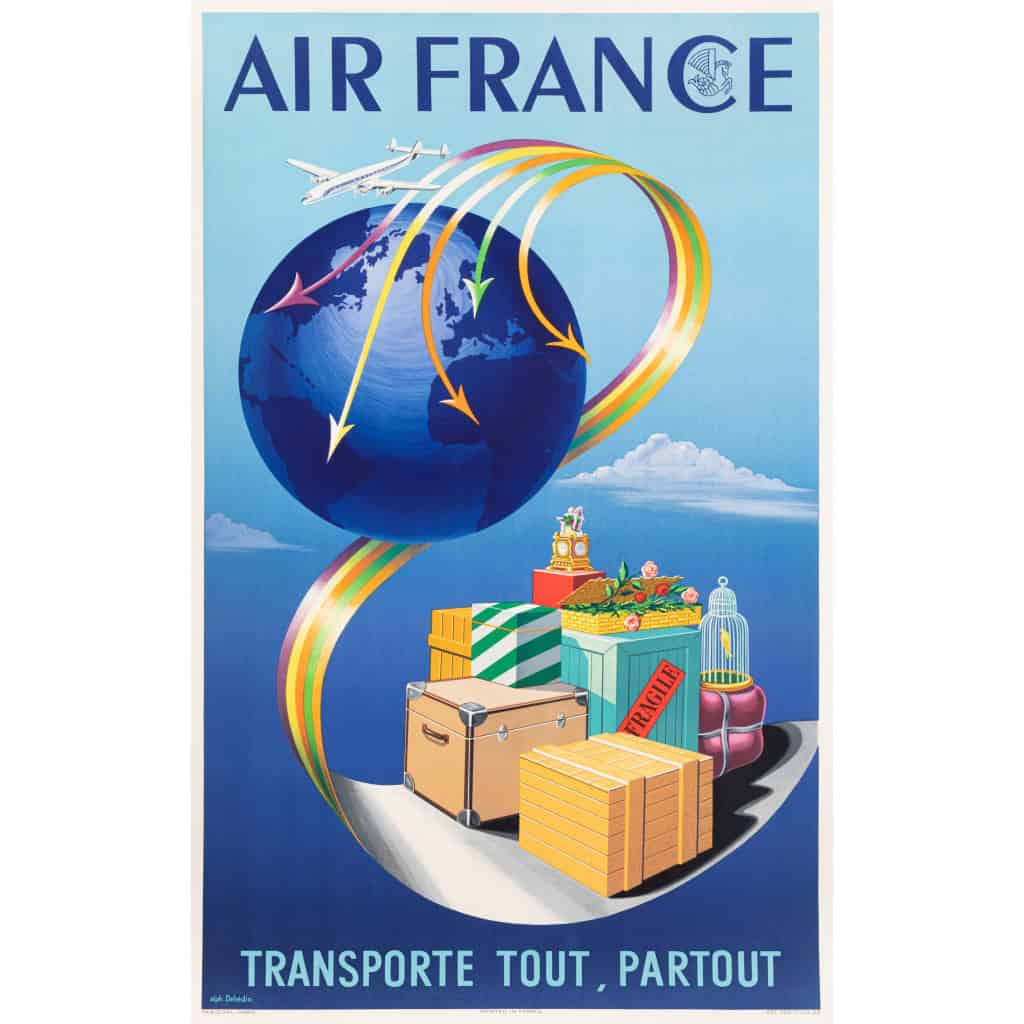 Affiche Originale Air France, Alphonse Dehédin, Transporte Tout Partout, Voyage, Transport, Aviation, Constellation, Avion, Vol, Valise, Flèche, 1952 3