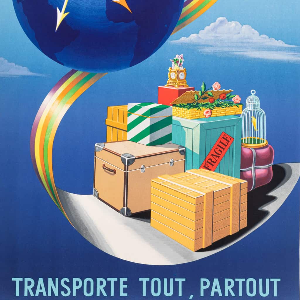 Affiche Originale Air France, Alphonse Dehédin, Transporte Tout Partout, Voyage, Transport, Aviation, Constellation, Avion, Vol, Valise, Flèche, 1952 5