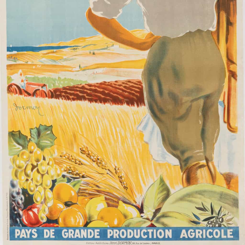 Affiche Originale, Henri Dormoy, L’Algérie, 1830, 1930, Colonisation, Centenaire, Pays, Production Agricole, Agriculture, Agriculteur, Arabe, Champ, Blé, Raisin, Tomate, Orange, Citron, Olive, Tourisme, Afrique du Nord, Maghreb, 1930 6