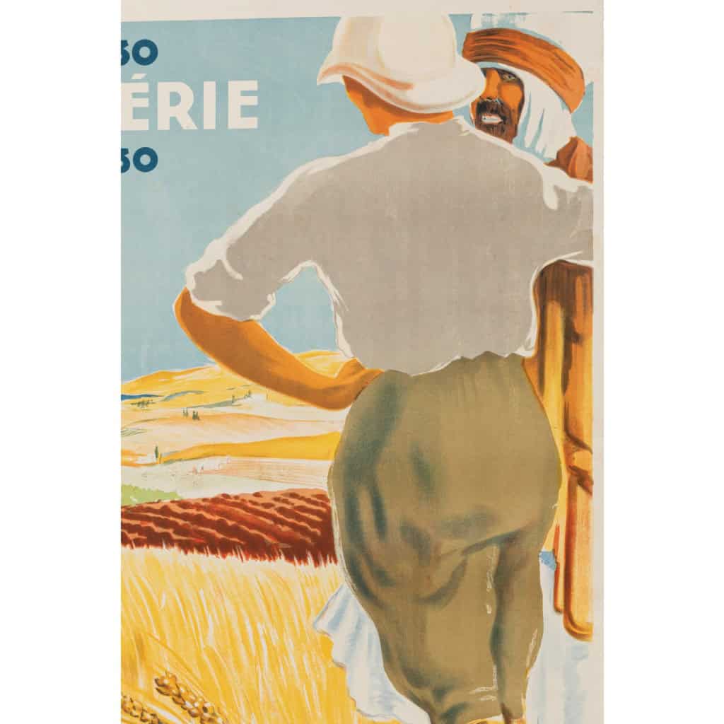 Affiche Originale, Henri Dormoy, L’Algérie, 1830, 1930, Colonisation, Centenaire, Pays, Production Agricole, Agriculture, Agriculteur, Arabe, Champ, Blé, Raisin, Tomate, Orange, Citron, Olive, Tourisme, Afrique du Nord, Maghreb, 1930 7