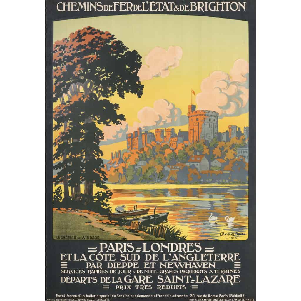 Affiche Tourisme Originale, Constant Duval, Chemins de Fer, Transport, Voyage, Trains, Paris, Londres, Brighton, Angleterre, Château de Windsor, Forteresse Médiévale, Cygnes, 1913 3