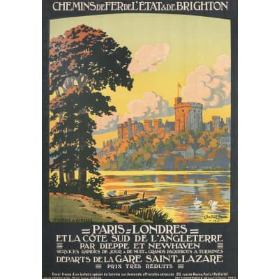 Affiche Tourisme Originale, Constant Duval, Chemins de Fer, Transport, Voyage, Trains, Paris, Londres, Brighton, Angleterre, Château de Windsor, Forteresse Médiévale, Cygnes, 1913