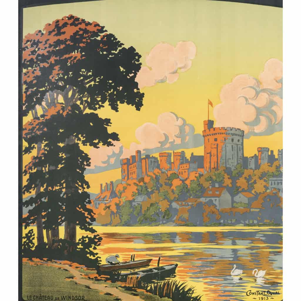 Affiche Tourisme Originale, Constant Duval, Chemins de Fer, Transport, Voyage, Trains, Paris, Londres, Brighton, Angleterre, Château de Windsor, Forteresse Médiévale, Cygnes, 1913 4