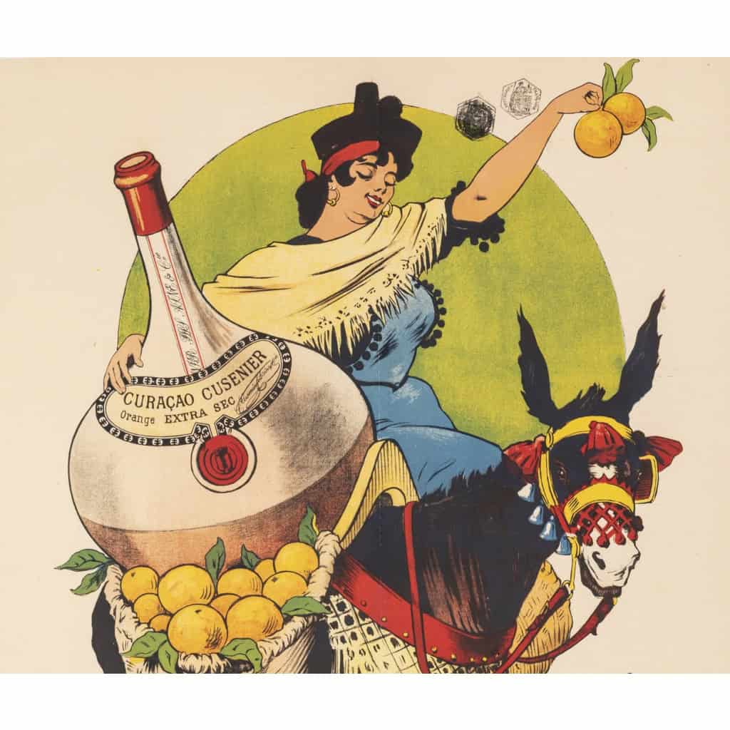 Affiche Originale, Edmond Gros, Curaçao Cusenier, Alcool, Liqueur, Spiritueux, Eau de Vie, Vin, Distillerie, Boisson, Extra Sec, Bouteille, Verre, Femme, Oranges, Âne, Panier, 1899 4