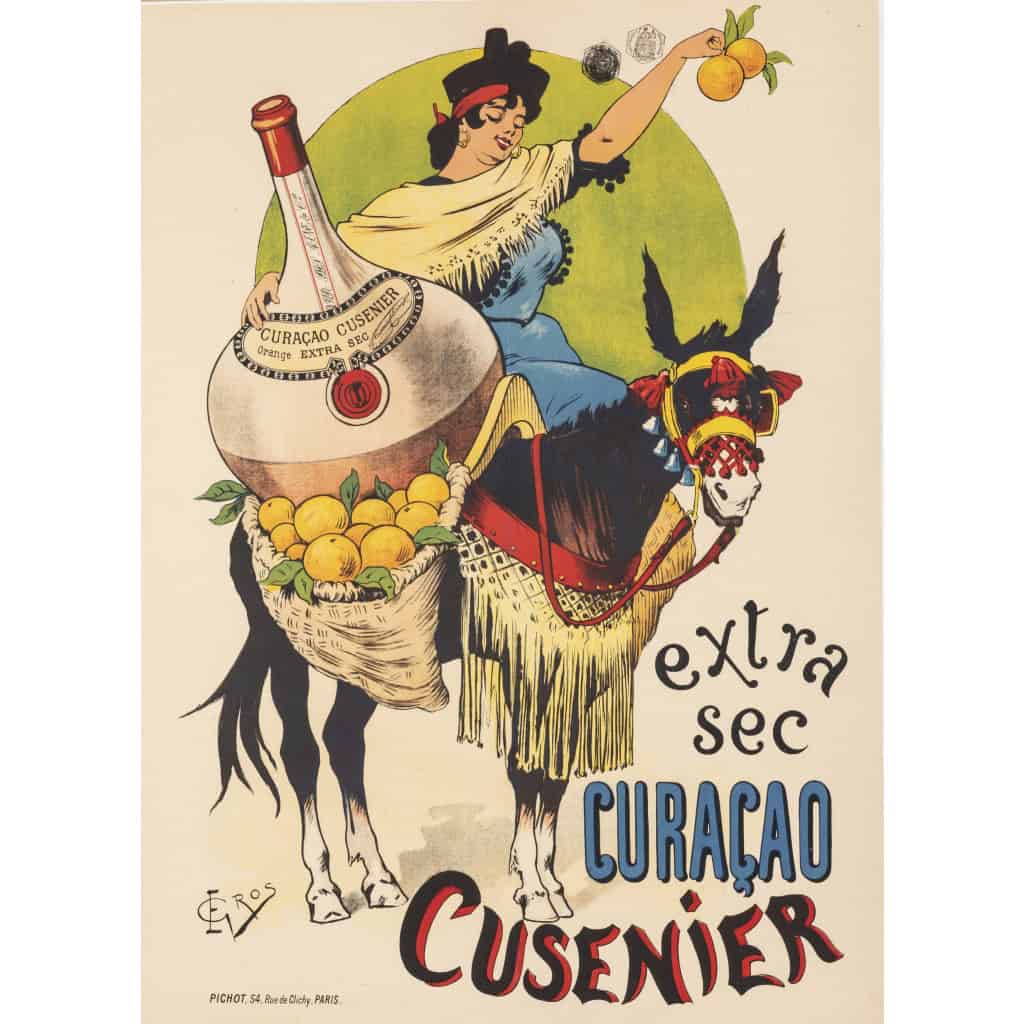 Affiche Originale, Edmond Gros, Curaçao Cusenier, Alcool, Liqueur, Spiritueux, Eau de Vie, Vin, Distillerie, Boisson, Extra Sec, Bouteille, Verre, Femme, Oranges, Âne, Panier, 1899 3