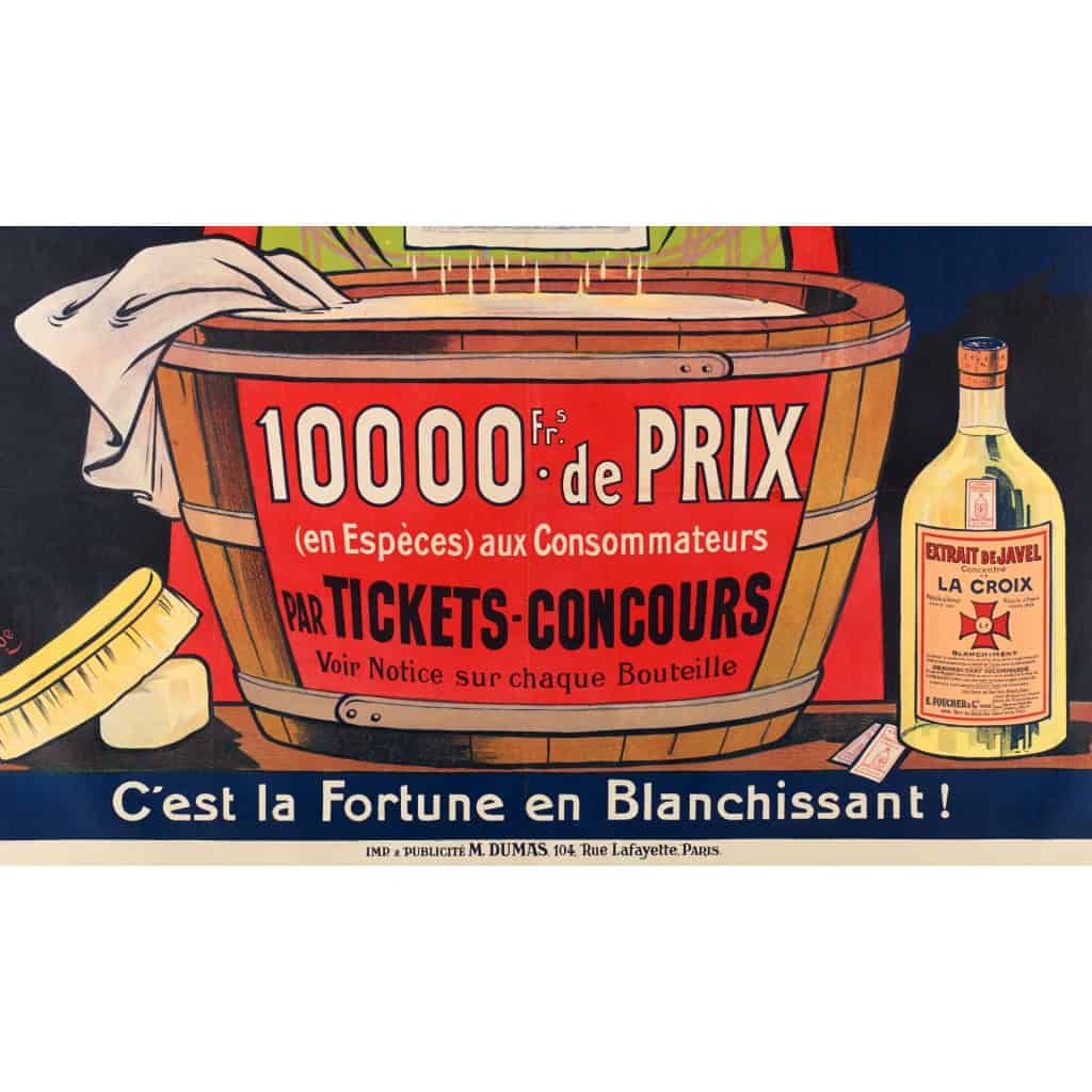 Affiche Originale, Eugène Ogé, Javel La Croix, Bouteille, Lessive, Blanchiment, Lavage, Poudre, Savon, Mousse, Linge, Liquide, Laverie, Hygiène, Nettoyage, Fortune, Argent, Billet, Francs, Caricature, 1914 5