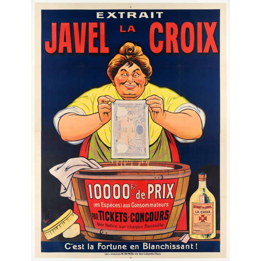 Affiche Originale, Eugène Ogé, Javel La Croix, Bouteille, Lessive, Blanchiment, Lavage, Poudre, Savon, Mousse, Linge, Liquide, Laverie, Hygiène, Nettoyage, Fortune, Argent, Billet, Francs, Caricature, 1914 3