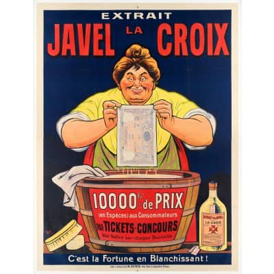 Affiche Originale, Eugène Ogé, Javel La Croix, Bouteille, Lessive, Blanchiment, Lavage, Poudre, Savon, Mousse, Linge, Liquide, Laverie, Hygiène, Nettoyage, Fortune, Argent, Billet, Francs, Caricature, 1914