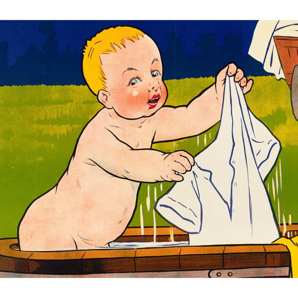 Affiche Originale, Eugène Ogé, Niké, Lessive, Blanchiment, Lavage, Poudre, Savon, Mousse, Linge, Liquide, Laverie, Hygiène, Nettoyage, Toilette, Chemisette, Enfant, Bébé, Caricature, c.1900 5