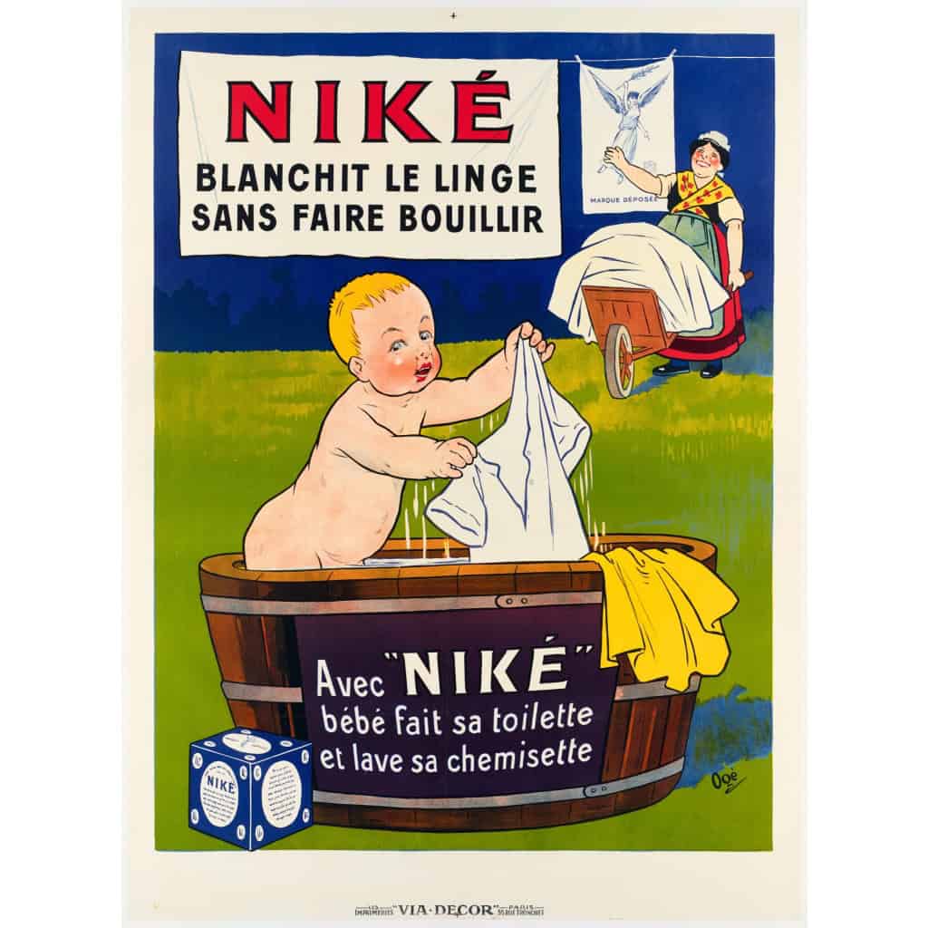 Affiche Originale, Eugène Ogé, Niké, Lessive, Blanchiment, Lavage, Poudre, Savon, Mousse, Linge, Liquide, Laverie, Hygiène, Nettoyage, Toilette, Chemisette, Enfant, Bébé, Caricature, c.1900 3