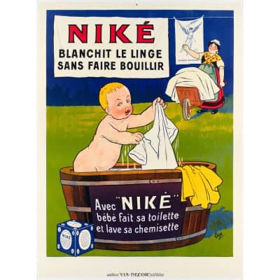 Affiche Originale, Eugène Ogé, Niké, Lessive, Blanchiment, Lavage, Poudre, Savon, Mousse, Linge, Liquide, Laverie, Hygiène, Nettoyage, Toilette, Chemisette, Enfant, Bébé, Caricature, c.1900