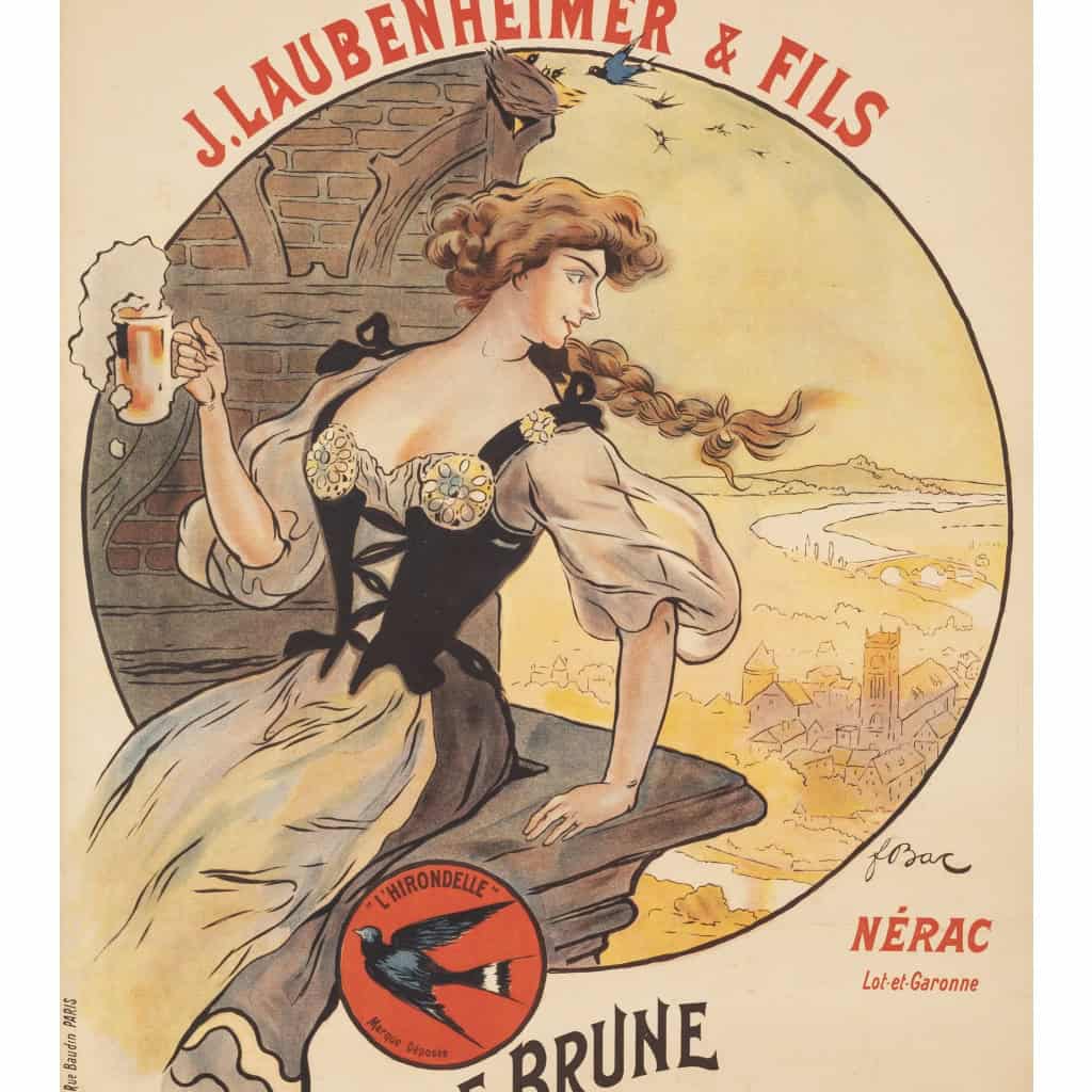 Affiche Originale, Ferdinand Bac, Grande Brasserie Laubenheimer, Brasseur, Alcool, Bière Brune, Bière Blonde, Boisson, Malt, Bouteille, Pinte, Chope, Mousse, Hirondelle, Nérac, 1908 4