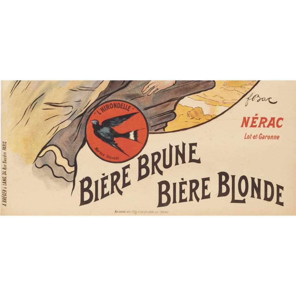 Affiche Originale, Ferdinand Bac, Grande Brasserie Laubenheimer, Brasseur, Alcool, Bière Brune, Bière Blonde, Boisson, Malt, Bouteille, Pinte, Chope, Mousse, Hirondelle, Nérac, 1908 5