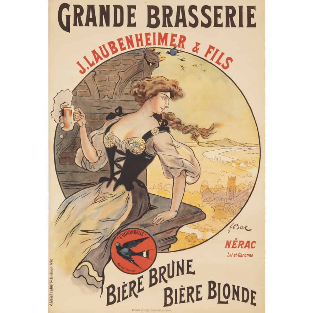 Affiche Originale, Ferdinand Bac, Grande Brasserie Laubenheimer, Brasseur, Alcool, Bière Brune, Bière Blonde, Boisson, Malt, Bouteille, Pinte, Chope, Mousse, Hirondelle, Nérac, 1908 3