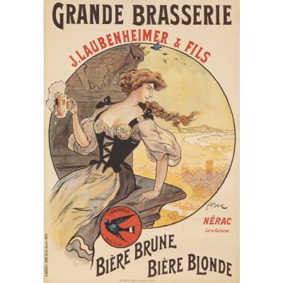 Affiche Originale, Ferdinand Bac, Grande Brasserie Laubenheimer, Brasseur, Alcool, Bière Brune, Bière Blonde, Boisson, Malt, Bouteille, Pinte, Chope, Mousse, Hirondelle, Nérac, 1908