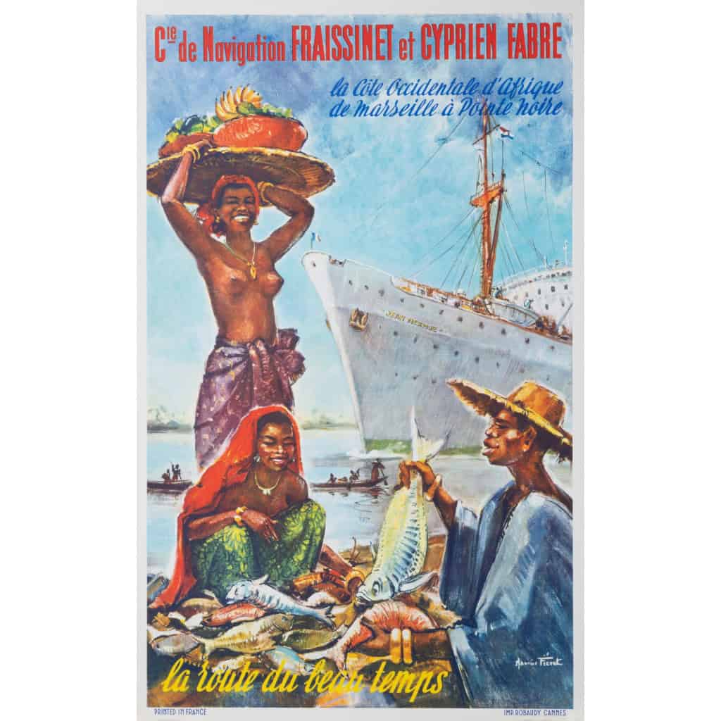 Affiche Tourisme Originale, Maurice Fiévet, Compagnie de Navigation Fraissinet et Cyprien Fabre, Transport, Voyage, Croisière, Afrique Occidentale, Marseille, Pointe Noire, Navire, Bateau, Paquebot, c.1960 3