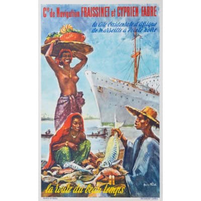 Affiche Tourisme Originale, Maurice Fiévet, Compagnie de Navigation Fraissinet et Cyprien Fabre, Transport, Voyage, Croisière, Afrique Occidentale, Marseille, Pointe Noire, Navire, Bateau, Paquebot, c.1960